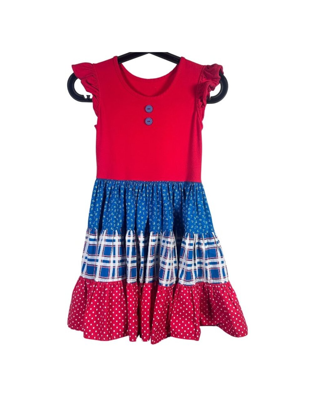 Eleanor Rose Girls Red Blue Ruffle Dress Polka Dots Plaid Americana Twirl 7-8